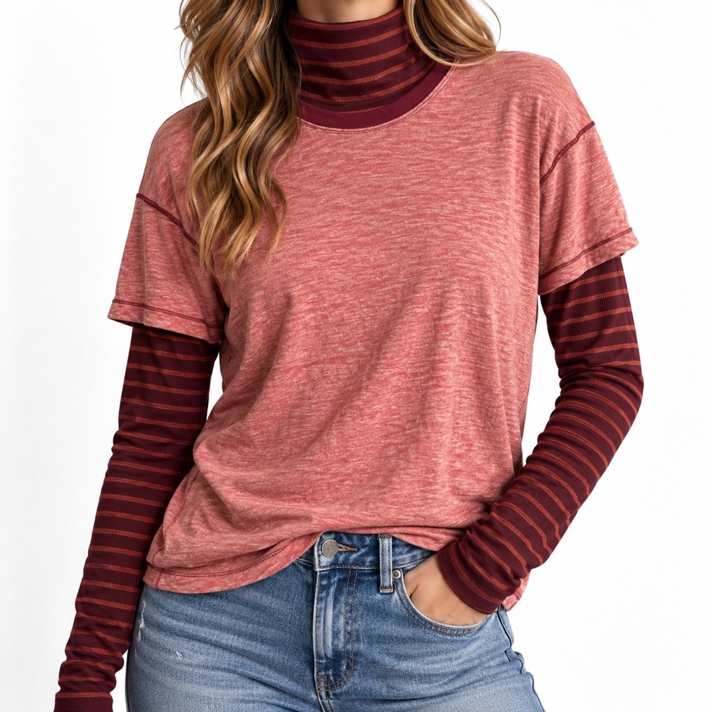 Free People We The Free L Layered Twofer Top Striped Mock Neck Cupro Boho Y2K